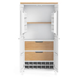 An empty white wardrobe with open doors revealing shelves, two wooden drawers, and shoe racks, all against an isolated background.