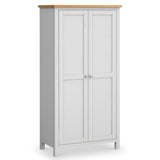 A gray wooden wardrobe with double doors and a natural wood top, standing against a white background.