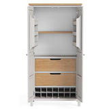 An open wardrobe displays shelves, two drawers, and a shoe rack against an isolated white background.