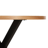 A wooden tabletop is supported by a black, angled metal leg, set against a white background.