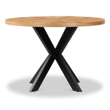 A round wooden table stands on a black X-shaped base, isolated against a white background.