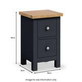 A black bedside table with a wooden top and two drawers with silver knobs, standing against a white background. Dimensions are marked: 56cm tall, 35cm wide, 32cm deep. Text: "Image for size information only."