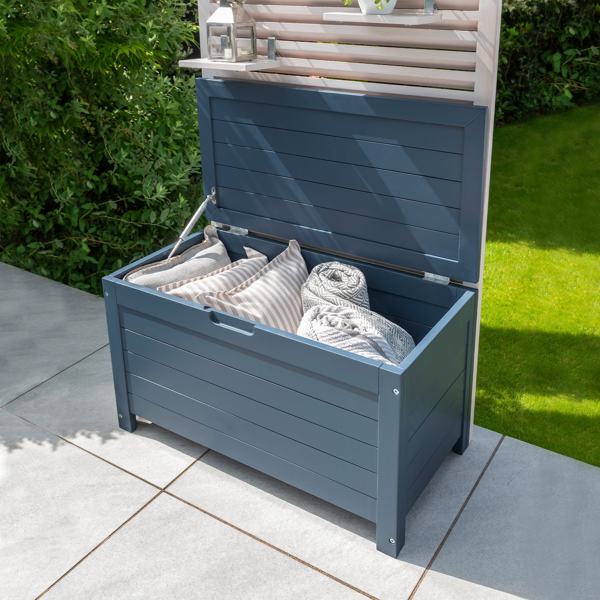 Outdoor storage store bench with trellis