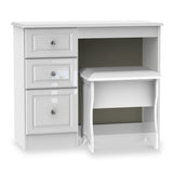 A white wooden dressing table with three drawers, classic handles, and an attached mirror, isolated on a white background.