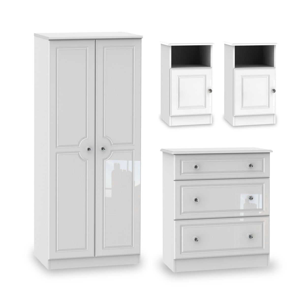 A set of white furniture including a wardrobe, a chest of drawers, and two nightstands, isolated against a white background.