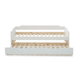 front view of the close up of the white painted wooden frame on the Snooze White Wooden Bed with opened Trundle 