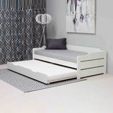 close up of the white painted wooden frame on the Snooze White Wooden Bed with opened Trundle 