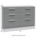 A gray six-drawer dresser with horizontal silver handles, dimensions: 78.8cm high, 112cm wide, 41.5cm deep. Captioned 