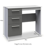 A gray and white desk with three drawers on one side and an open leg space is against a white background. Dimensions are labeled: height 79.5cm, width 93cm, depth 41.5cm. Text: "Image for size information only."