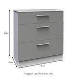 A grey three-drawer chest with horizontal silver handles, stands idle against a white background, dimensions labeled: height 88.5 cm, width 76.5 cm, depth 41.5 cm. Text states "Image for size information only".