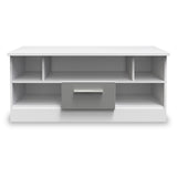 A white, modern TV stand with open shelving and a closed drawer, isolated against a white background.