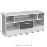 A white television stand with a central drawer and side shelves sits against a plain background. Dimensions: 112cm width, 49.5cm height, 40cm depth. Text: "Image for size information only".