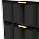 A close-up of a black geometric-patterned cabinet with stylish gold handles against a white edge/frame. There is no text in this image.