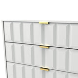 White chest of drawers with a geometric pattern and gold handles against a white background.