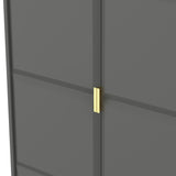 A gray double door slightly ajar with a vertical gold handle, suggesting an entryway. The background is nondescript, highlighting the door.