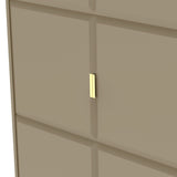 A beige wardrobe with a simple vertical handle, partially ajar revealing a sliver of light from within against a plain background.