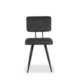 A modern black chair with quilted upholstery stands stationary against a white background. The chair features a simple, rectangular backrest and four angled legs.