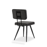 A modern black chair with a square backrest and quilted seat stands isolated against a white background.