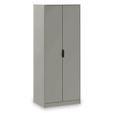 A grey wardrobe with two doors, standing upright against a solid white background.