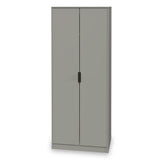 A grey storage cabinet stands with two closed doors, featuring a vertical black handle on each door, against an all-white background.