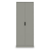 A grey two-door wardrobe stands closed against a plain backdrop, featuring a simple black handle on one door.