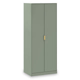 A tall, sage green wardrobe stands, with a sleek design featuring two doors and a minimalist gold handle, against a white background.