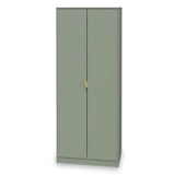 A green wardrobe with closed doors and a brass handle stands isolated against a white background.