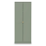 A green wardrobe with two doors and a brass handle is standing against a plain background.