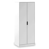 A tall white cabinet with closed doors and a black handle stands against a white background.