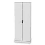 A tall, white, two-doored wardrobe with a minimal design and black handles stands against a plain background.