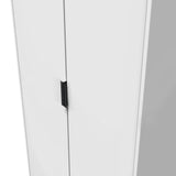 A black vertical handle on a white cabinet door, set against a plain background.