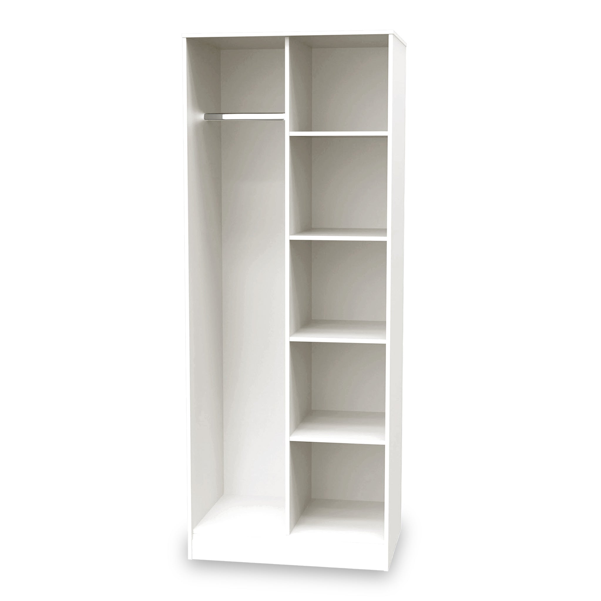 Tall thin white store shelving unit