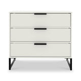 A modern, white three-drawer dresser with black handles, standing on four angled metal legs against a plain background.