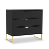 A modern black chest of drawers with a simple design, featuring gold handles and leg supports, standing against an isolated background.