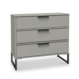 A gray three-drawer dresser with black handles and legs, isolated on a white background.