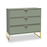 A green dresser with three drawers and gold handles stands on a pair of angular gold legs, isolated against a blank background.