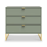 A sage green dresser with three drawers and gold handles, standing on angled gold legs, isolated against a white background.