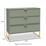 A green chest of drawers with brass handles stands against a plain background, dimensions labeled: height 72.5cm, width 76.5cm, depth 39.5cm. Text: "Image for size information only."