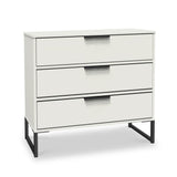 A modern, white three-drawer dresser with slim, black handles and legs, isolated against a plain background.