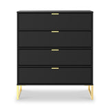 A black, four-drawer dresser with gold handles stands against a white background, supported by angled, light wood legs.