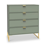 A green four-drawer dresser with gold handles and legs against a white background. The dresser is stationary with no visible action or context beyond its presentation.