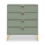 A green dresser with four drawers and gold handles stands against a white background. It has angled gold legs, adding an elegant touch.