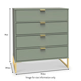 A green chest of drawers with brass handles stands against a plain background, with dimensions labeled: 91cm tall, 76.5cm wide, 39.5cm deep. Text reads "Image for size information only."