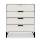 A white four-drawer chest with black horizontal handles, standing on four angled legs, against a neutral background.