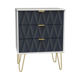 A modern dresser with a geometric pattern, metallic handles, and gold-colored, hairpin legs stands isolated against a white background.