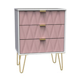 A modern dresser with a textured front, gold handles, and hairpin legs, isolated on a white background.