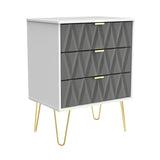 A modern chest of drawers with gold handles and legs; the front features a geometric pattern. It stands upright against a white background.