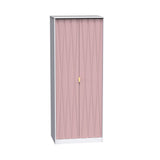 A tall, pink curtained fitting room with a grey frame, closed, in an isolated white background.