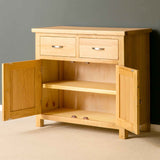 London Oak Small Sideboard - Side view with doors open