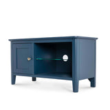 A navy blue wooden TV stand with a closed cabinet on one side and an open shelf with a glass partition on the other, against a plain background.